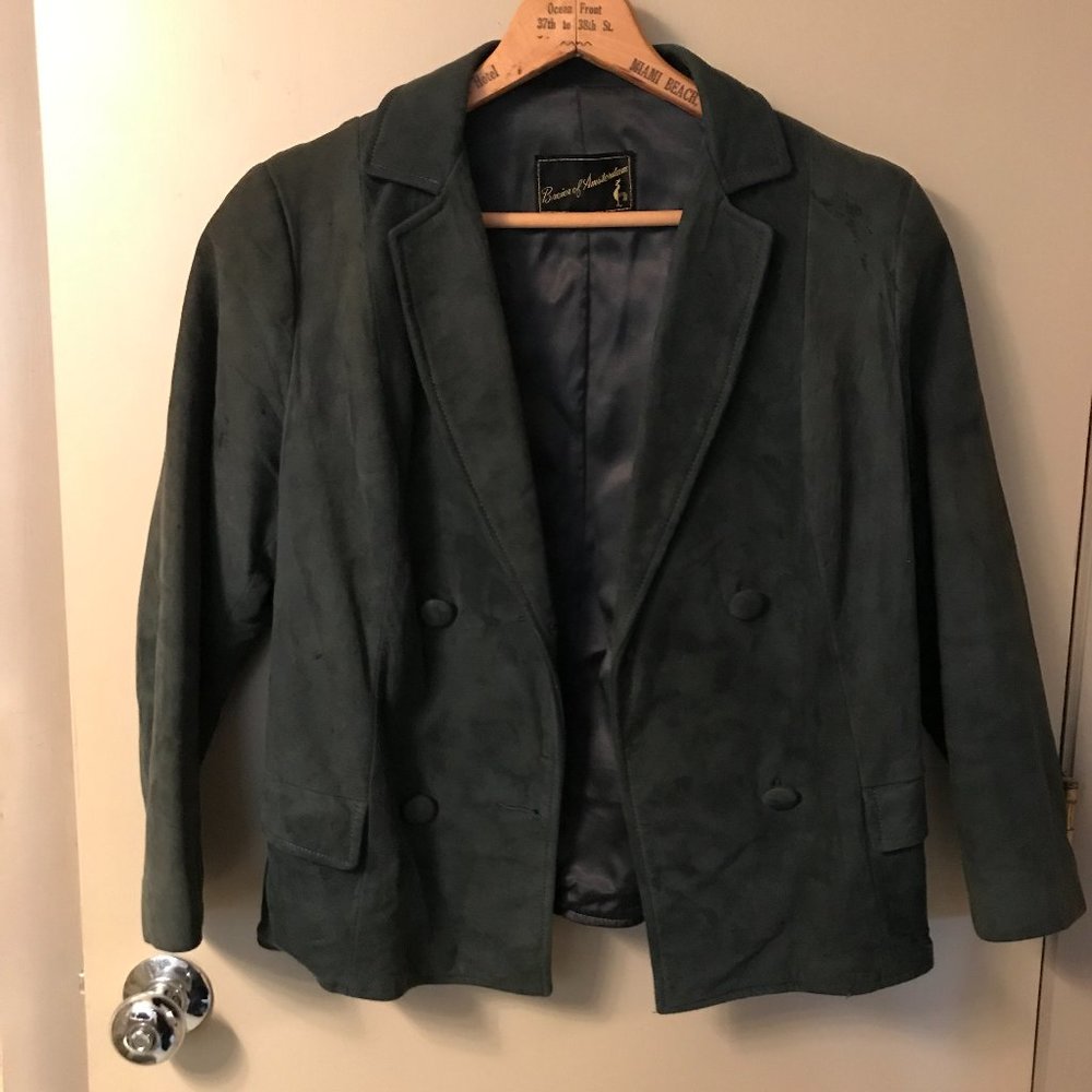 Blue Teal Suede Leather Blazer Jacket, Lined, Women’s Size Small Retro